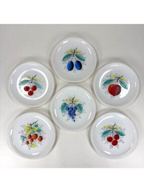 Vintage Westmoreland White Milk Glass Beaded Edge Fruit Salad Plates Set Of 6